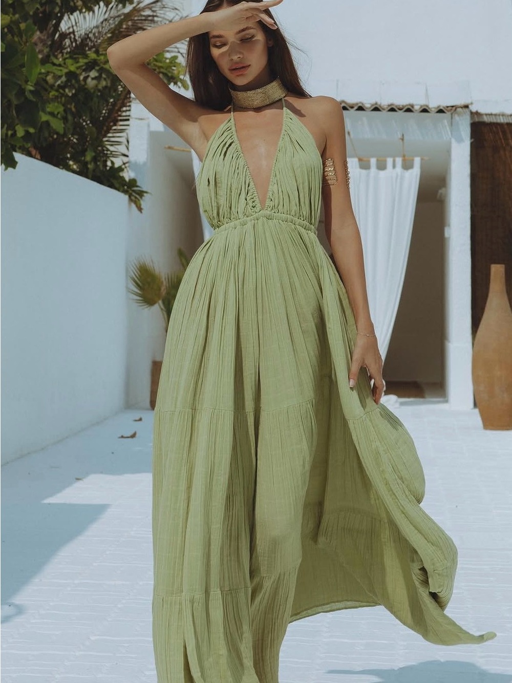 Chic Le Frique Dubai Sage Green Laelia Maxi Dress Organic Cotton S/M - Picture 3 of 8